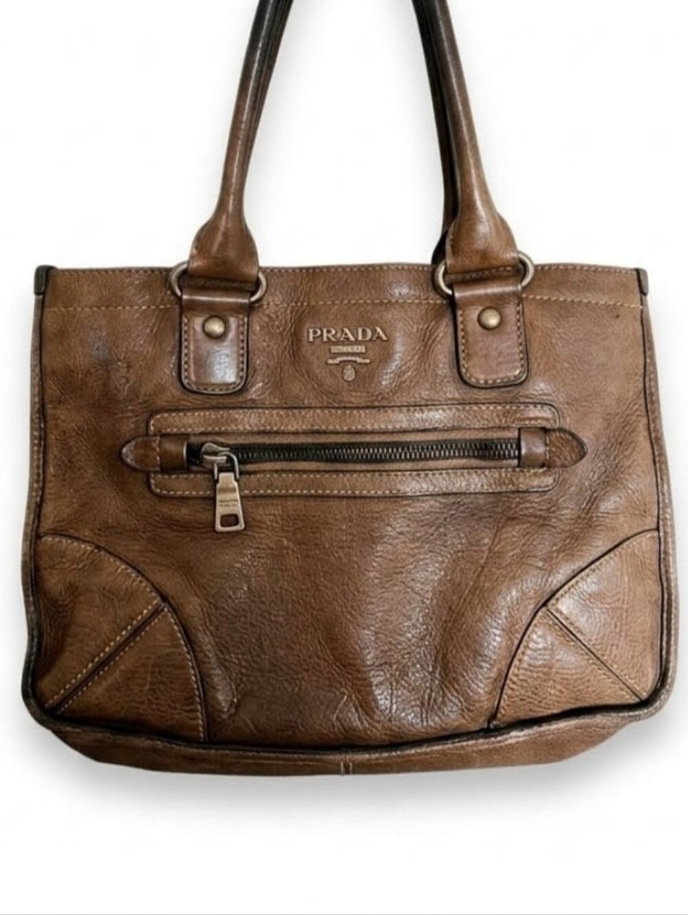 COMING SOON Prada Brown Leather Shoulder Tote with Front Zip Pocket